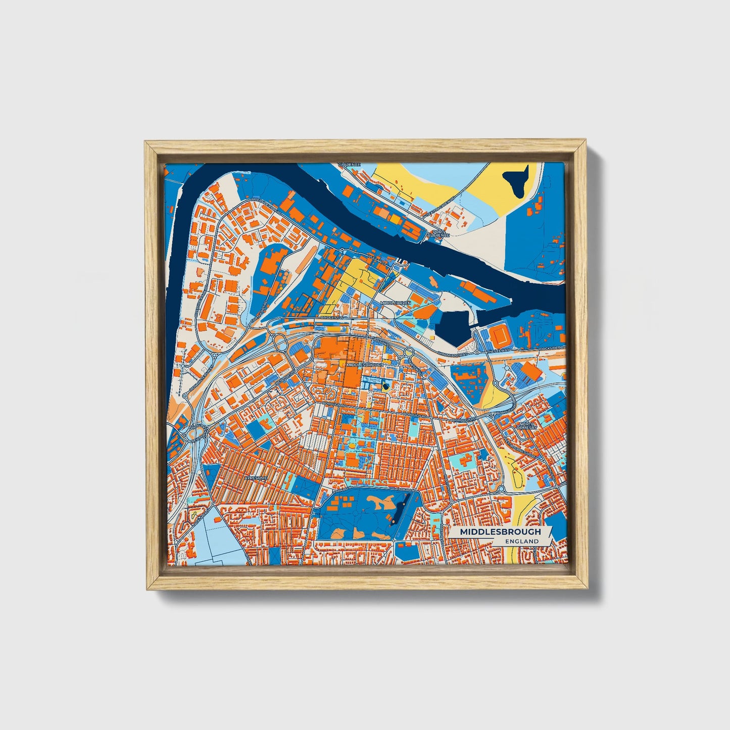 Middlesbrough England Colorful City Map Canvas Print • Natural Wooden Framed
