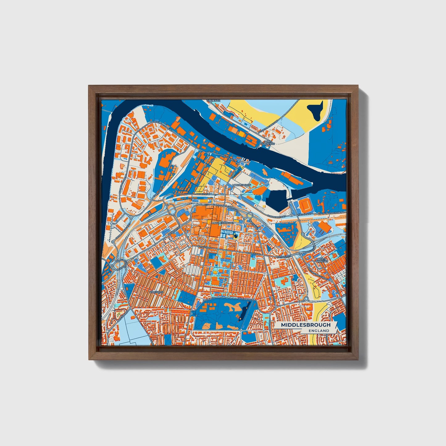 Middlesbrough England Colorful City Map Canvas Print • Dark Wooden Framed