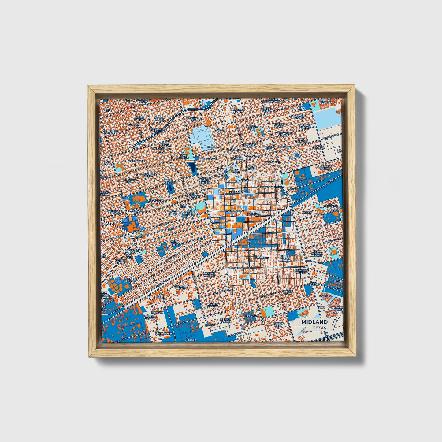 Midland Texas Colorful City Map Canvas Print • Natural Wooden Framed