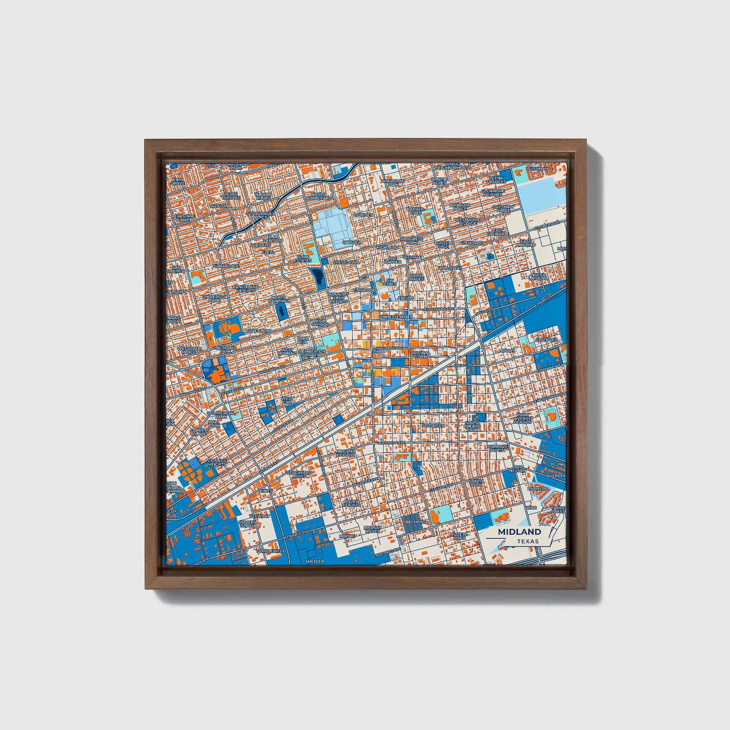 Midland Texas Colorful City Map Canvas Print • Dark Wooden Framed