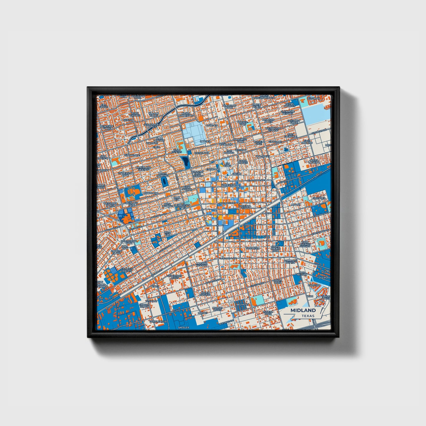 Midland Texas Colorful City Map Canvas Print • Black Framed