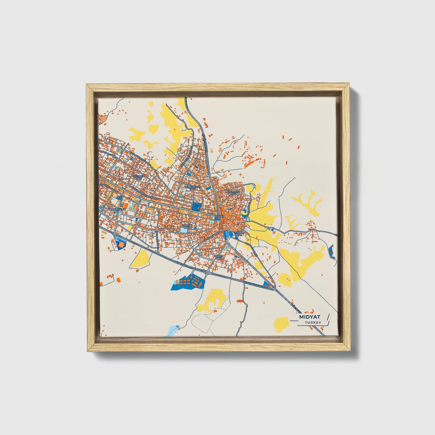 Mi̇dyat Turkey Colorful City Map Canvas Print • Natural Wooden Framed