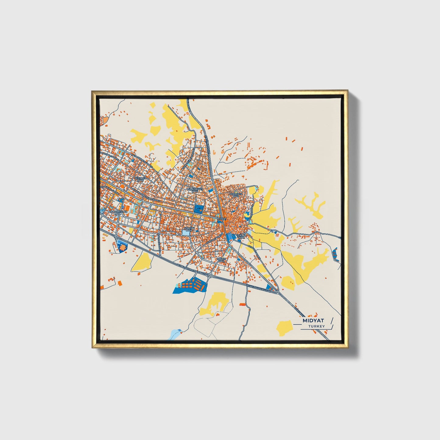 Mi̇dyat Turkey Colorful City Map Canvas Print • Gold Framed