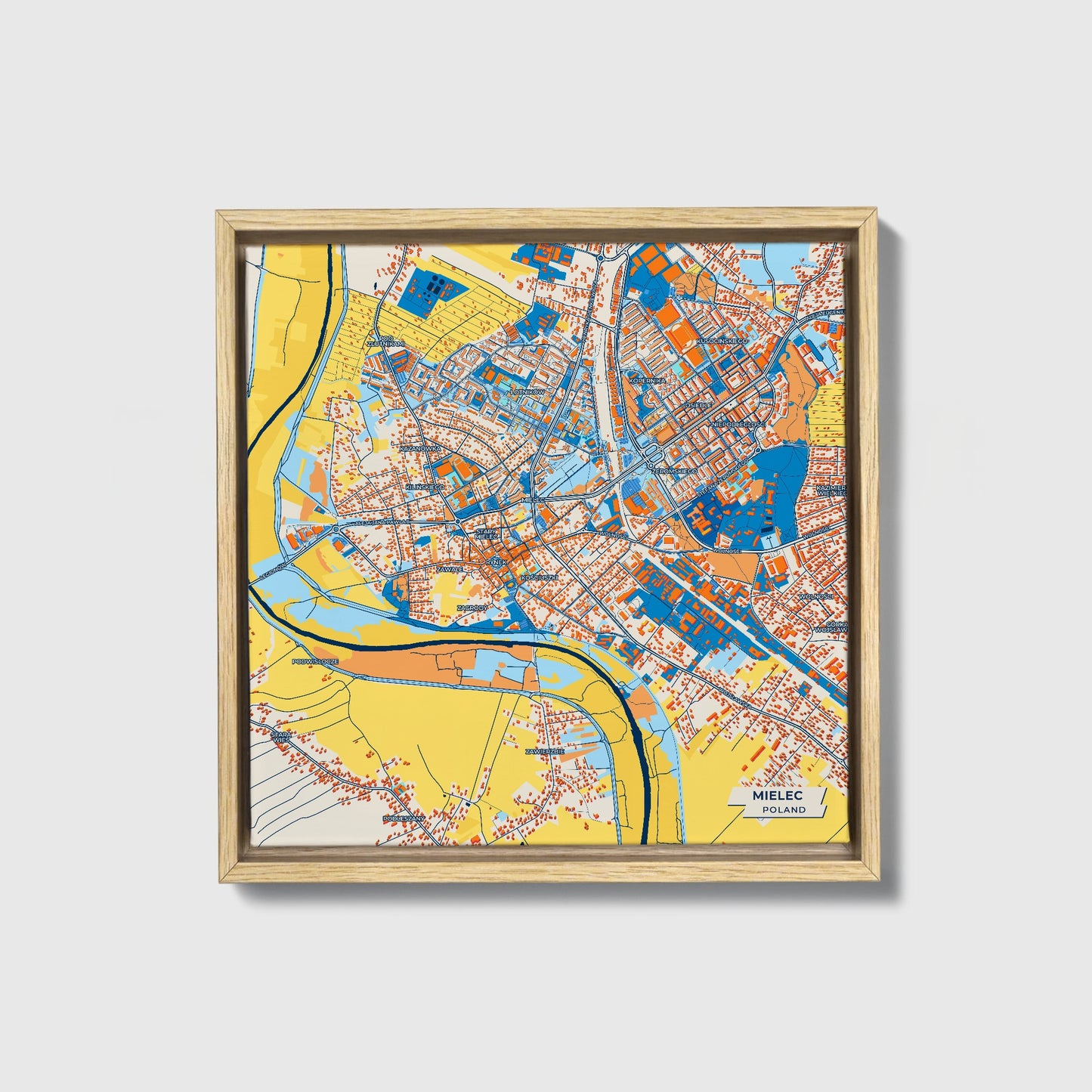 Mielec Poland Colorful City Map Canvas Print • Natural Wooden Framed
