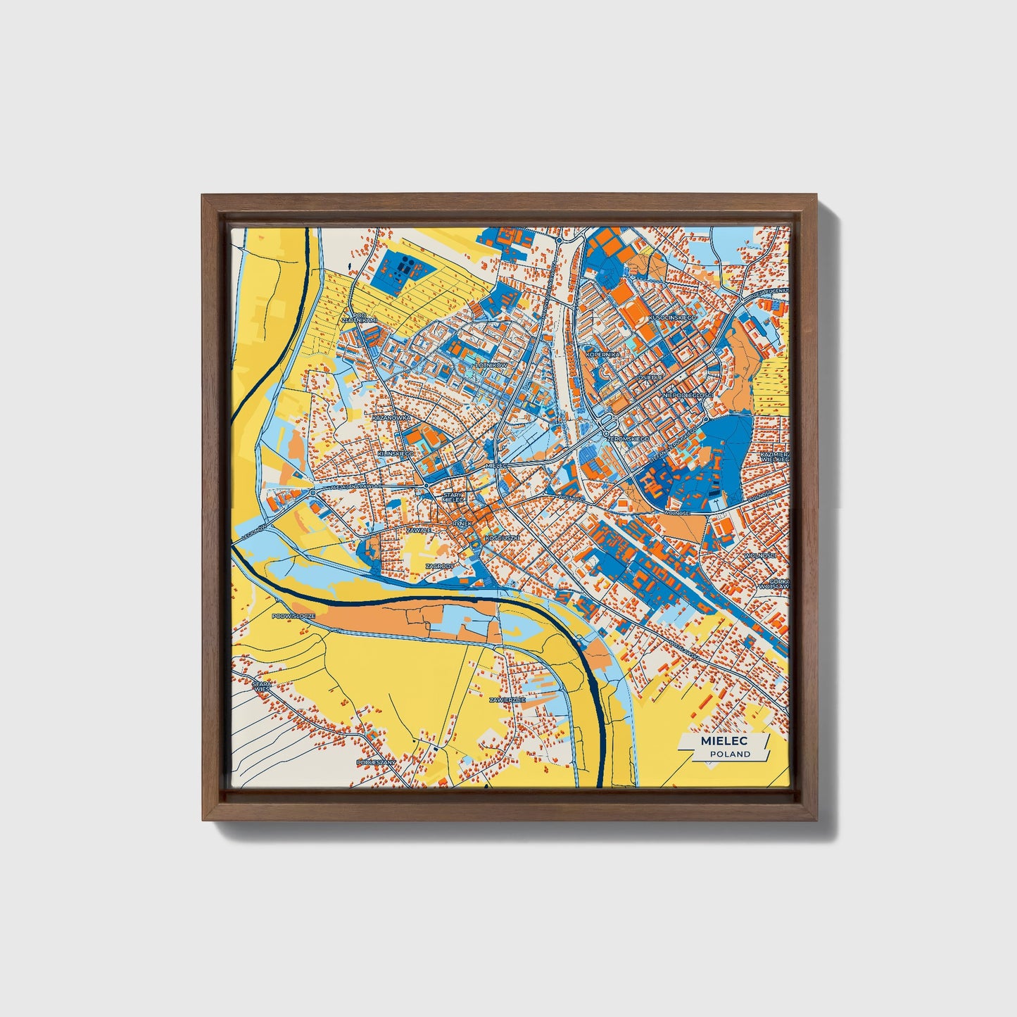 Mielec Poland Colorful City Map Canvas Print • Dark Wooden Framed