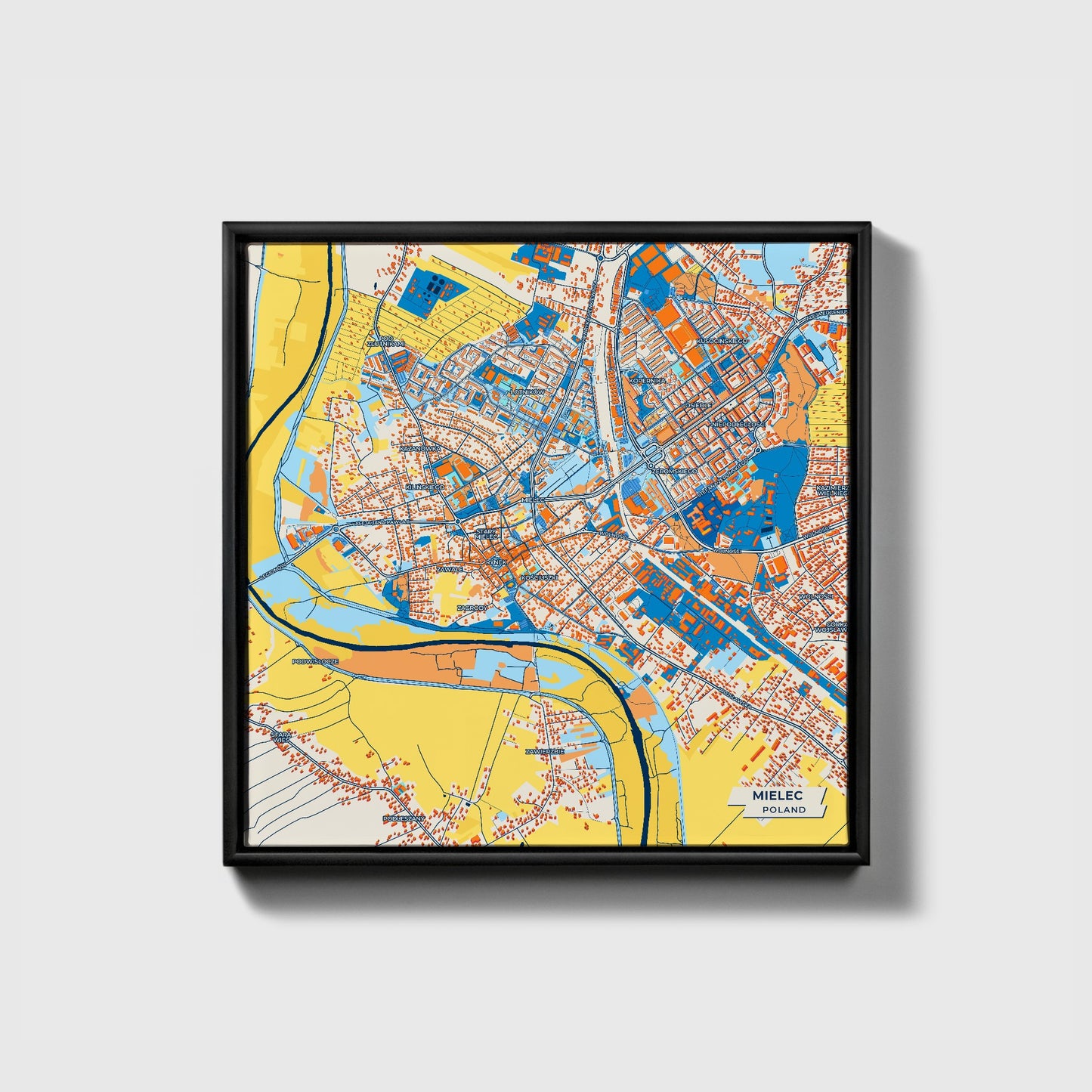 Mielec Poland Colorful City Map Canvas Print • Black Framed