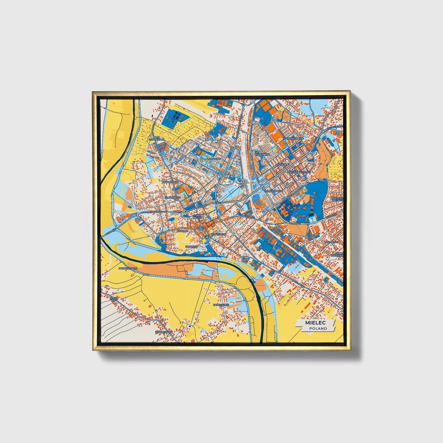 Mielec Poland Colorful City Map Canvas Print • Gold Framed