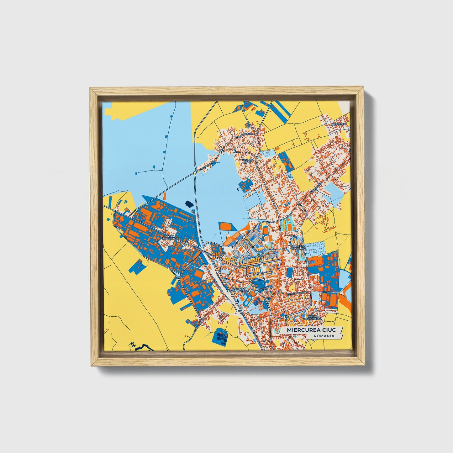 Miercurea Ciuc Romania Colorful City Map Canvas Print • Natural Wooden Framed