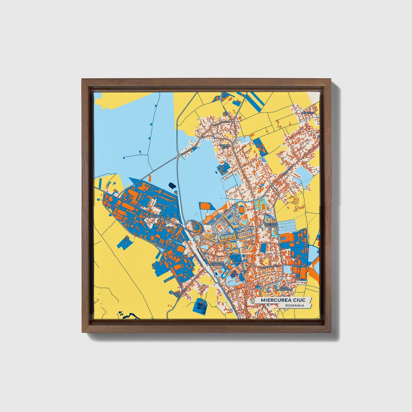 Miercurea Ciuc Romania Colorful City Map Canvas Print • Dark Wooden Framed