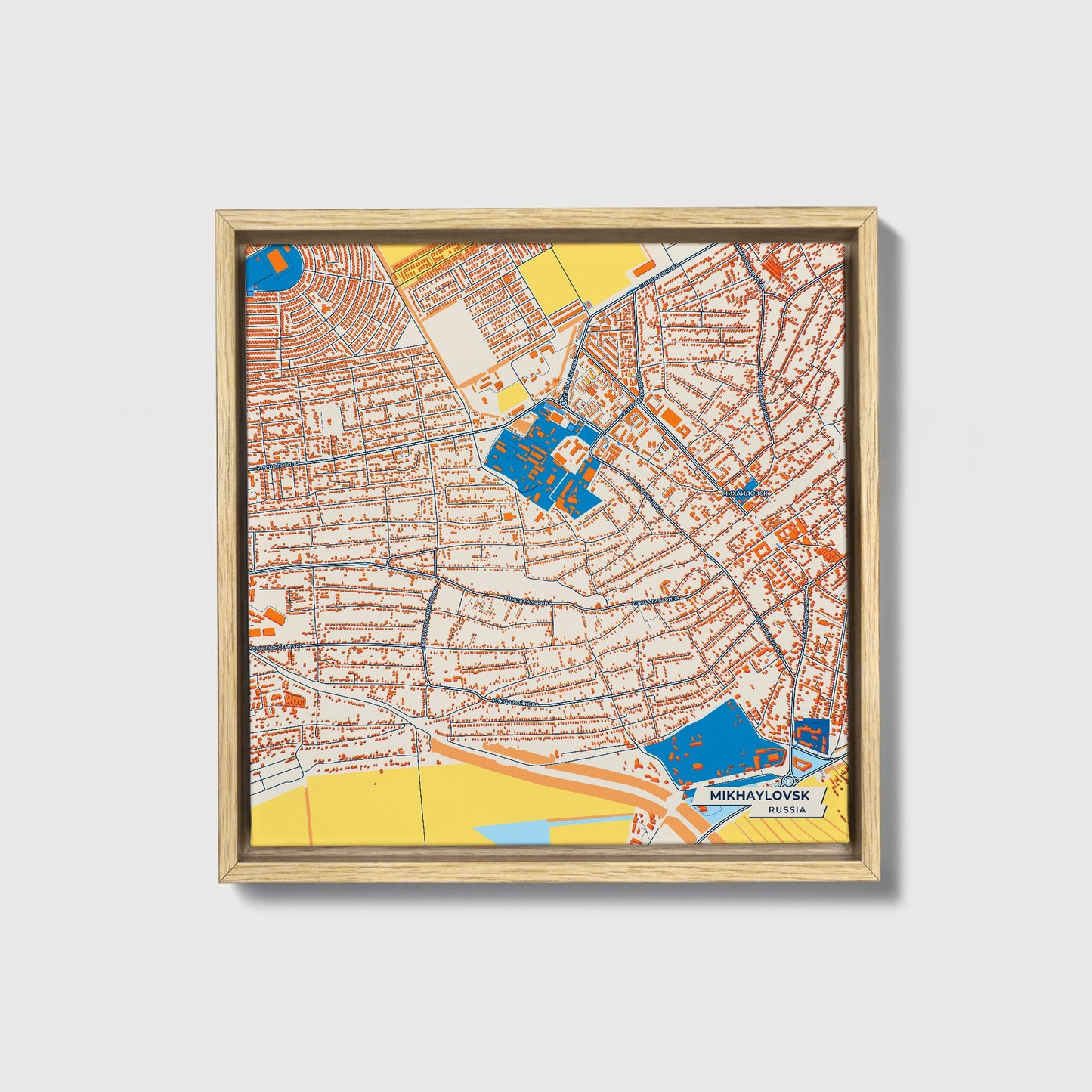 Михайловск Russia Colorful City Map Canvas Print • Natural Wooden Framed