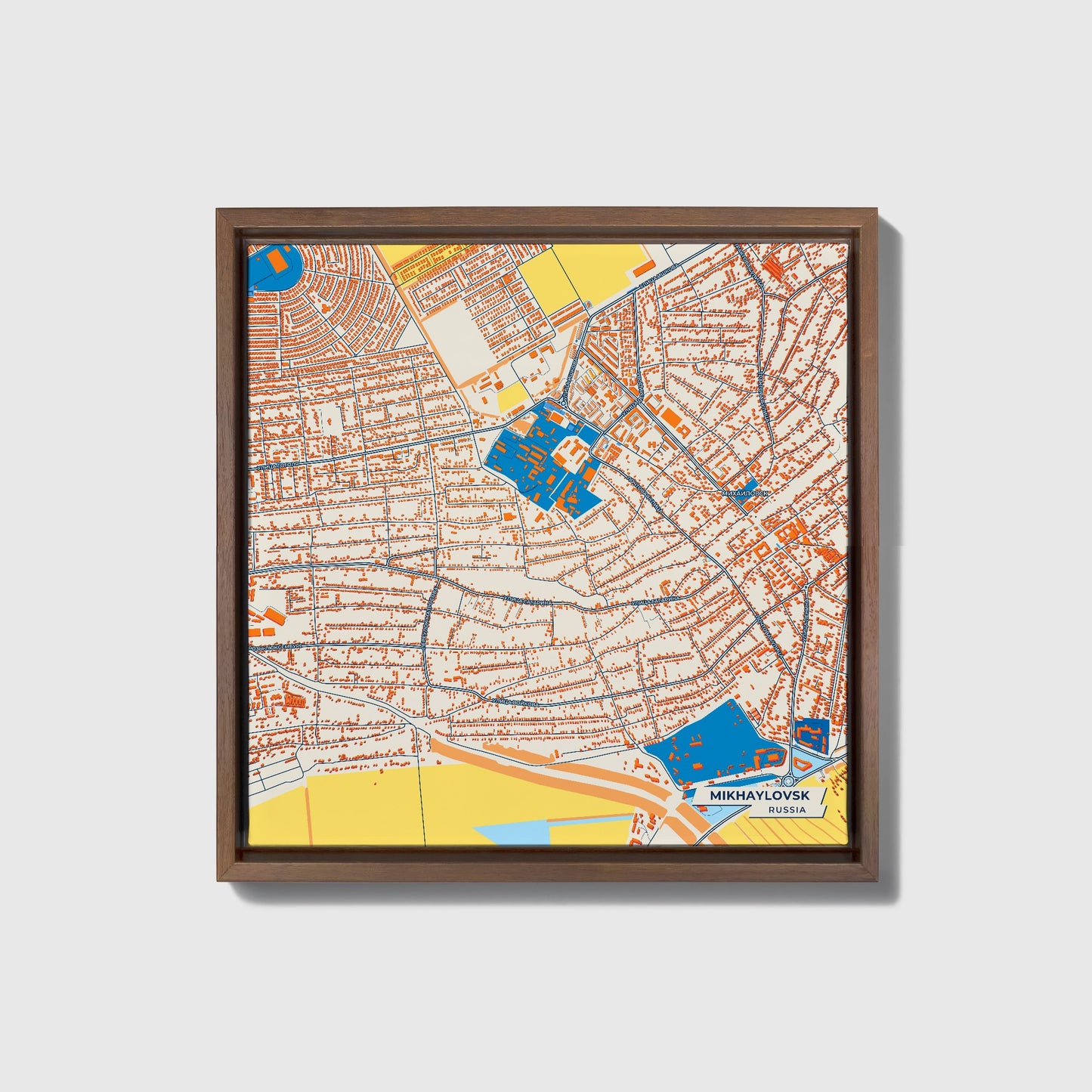 Михайловск Russia Colorful City Map Canvas Print • Dark Wooden Framed