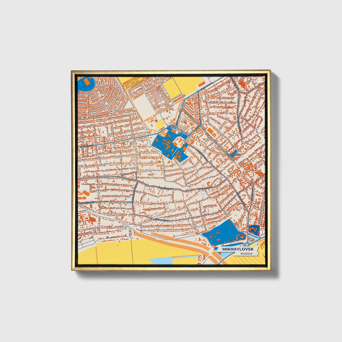 Михайловск Russia Colorful City Map Canvas Print • Gold Framed