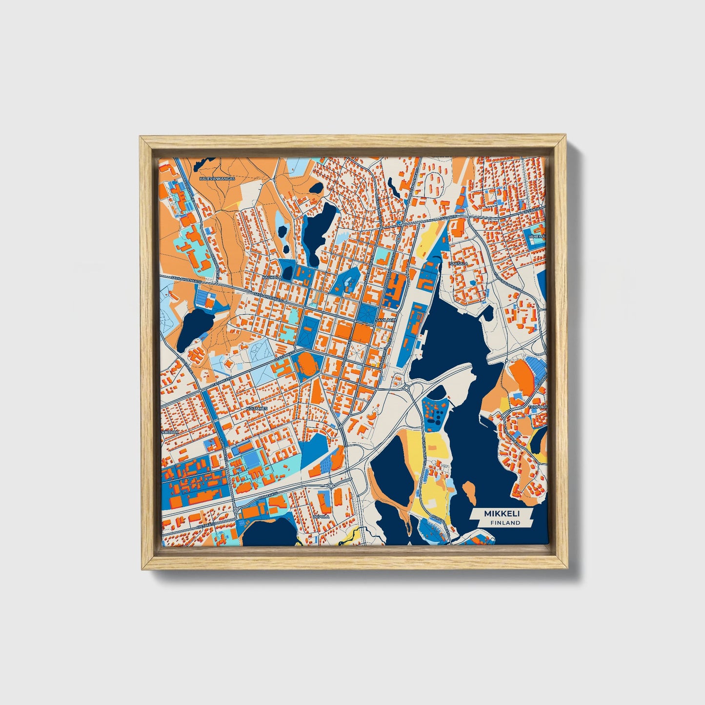 Mikkeli Finland Colorful City Map Canvas Print • Natural Wooden Framed