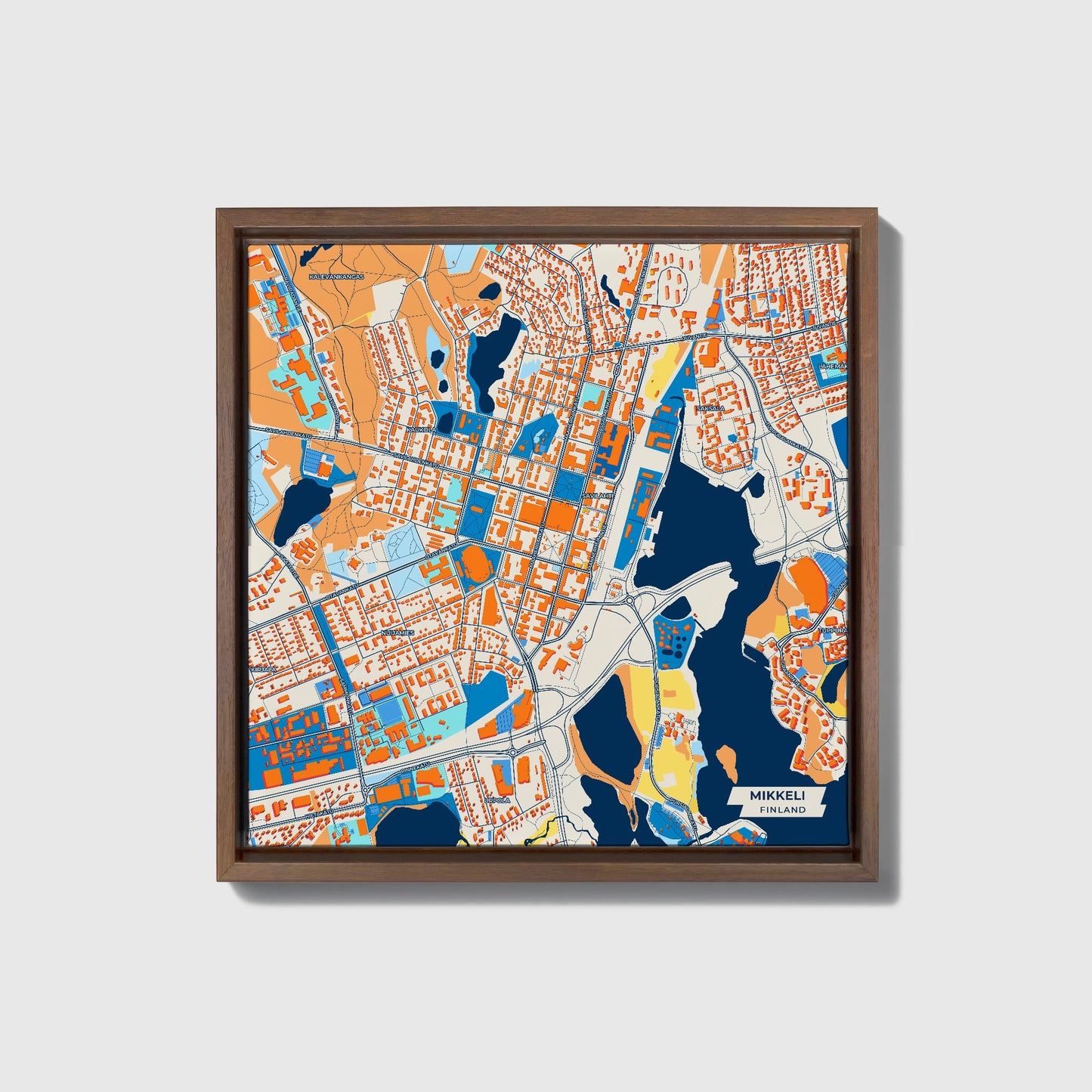 Mikkeli Finland Colorful City Map Canvas Print • Dark Wooden Framed