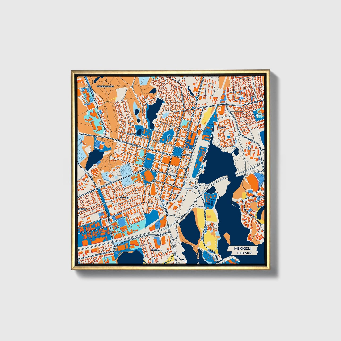 Mikkeli Finland Colorful City Map Canvas Print • Gold Framed