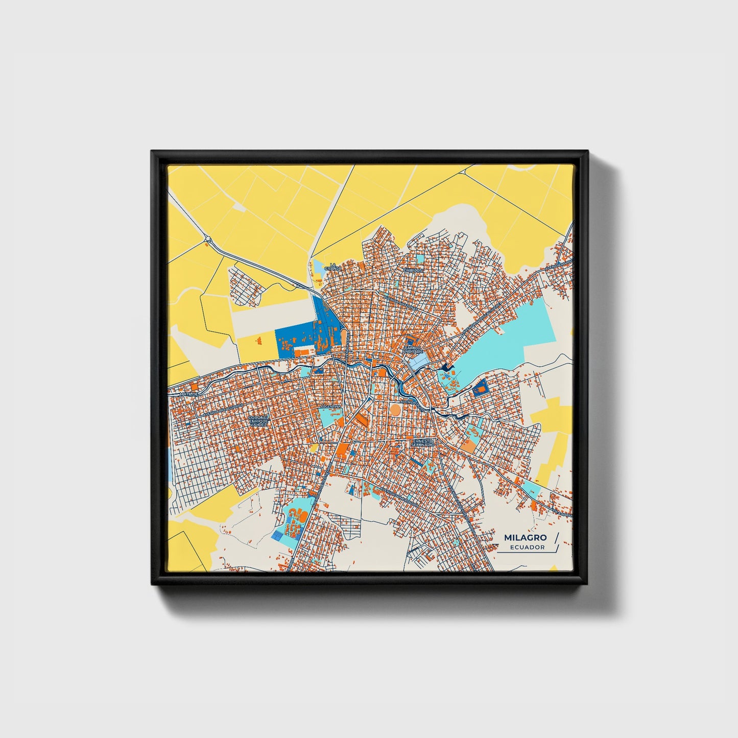 Milagro Ecuador Colorful City Map Canvas Print • Black Framed