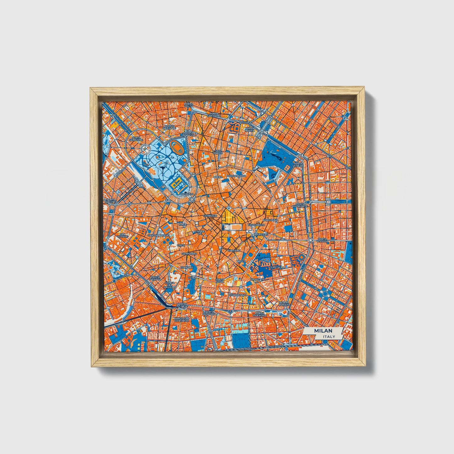 Milano Italy Colorful City Map Canvas Print • Natural Wooden Framed