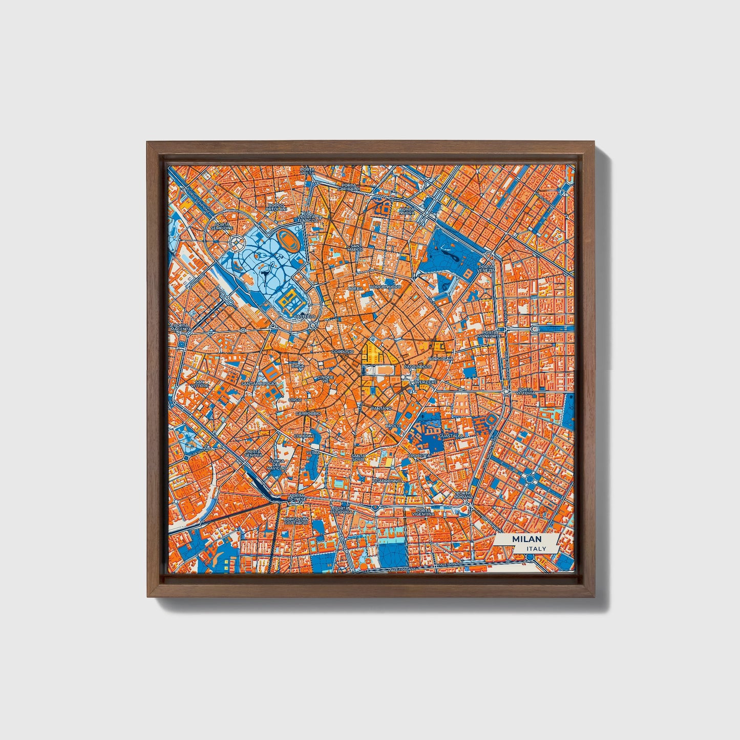 Milano Italy Colorful City Map Canvas Print • Dark Wooden Framed
