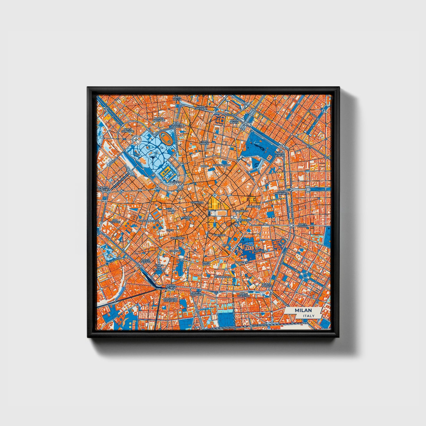 Milano Italy Colorful City Map Canvas Print • Black Framed