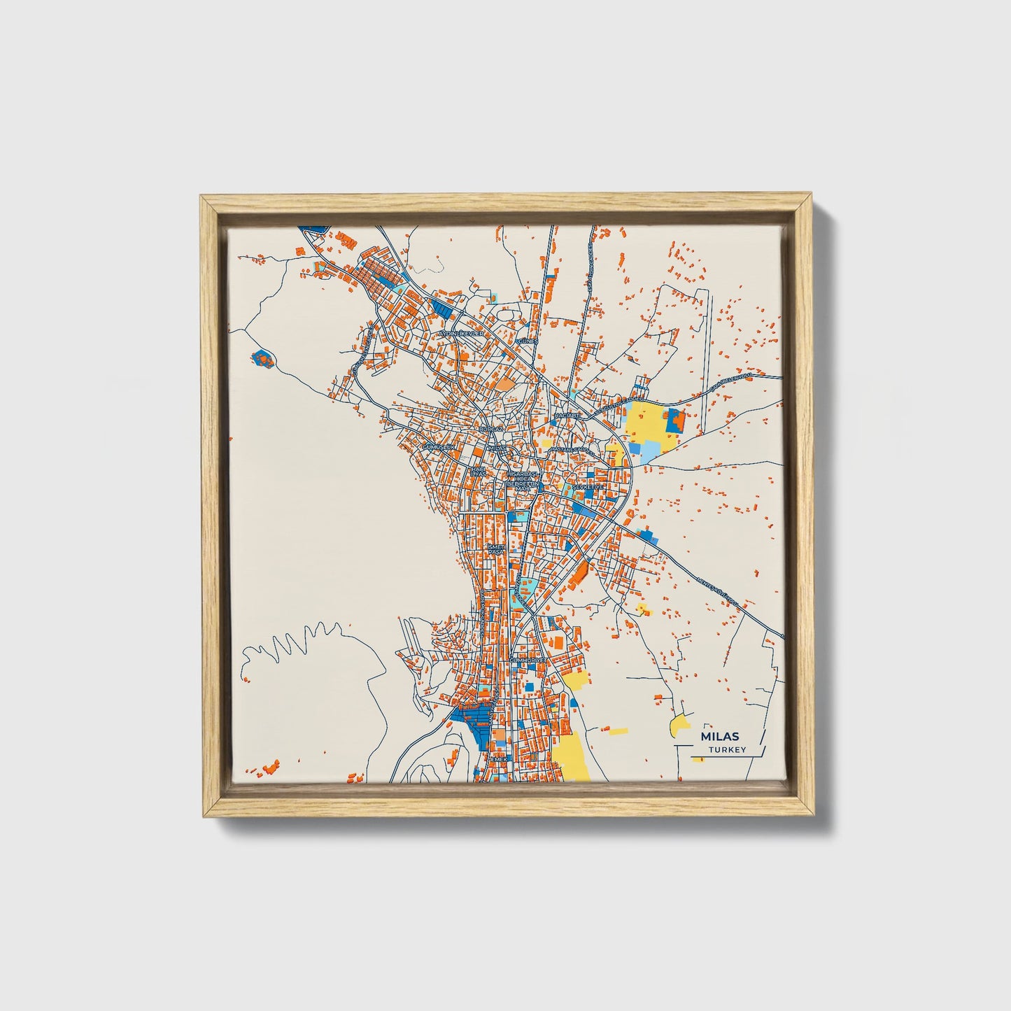Mi̇las Turkey Colorful City Map Canvas Print • Natural Wooden Framed