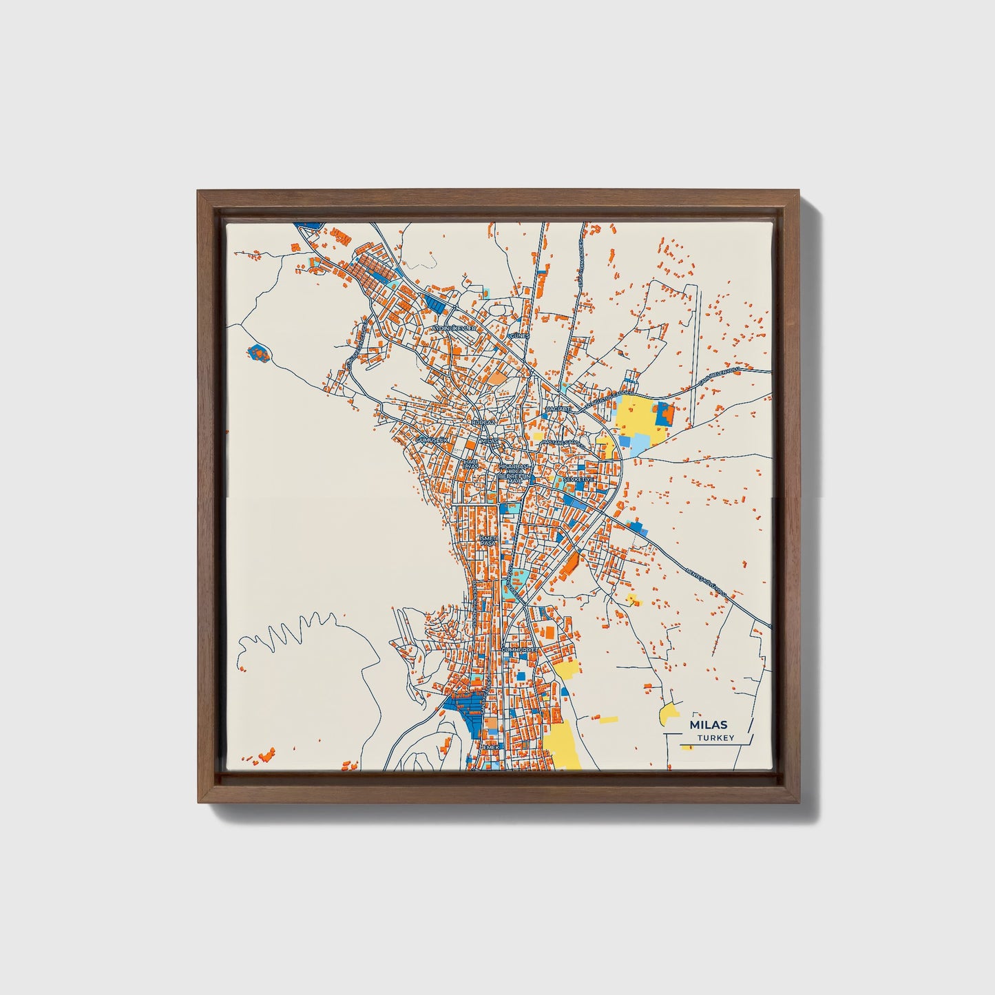 Mi̇las Turkey Colorful City Map Canvas Print • Dark Wooden Framed
