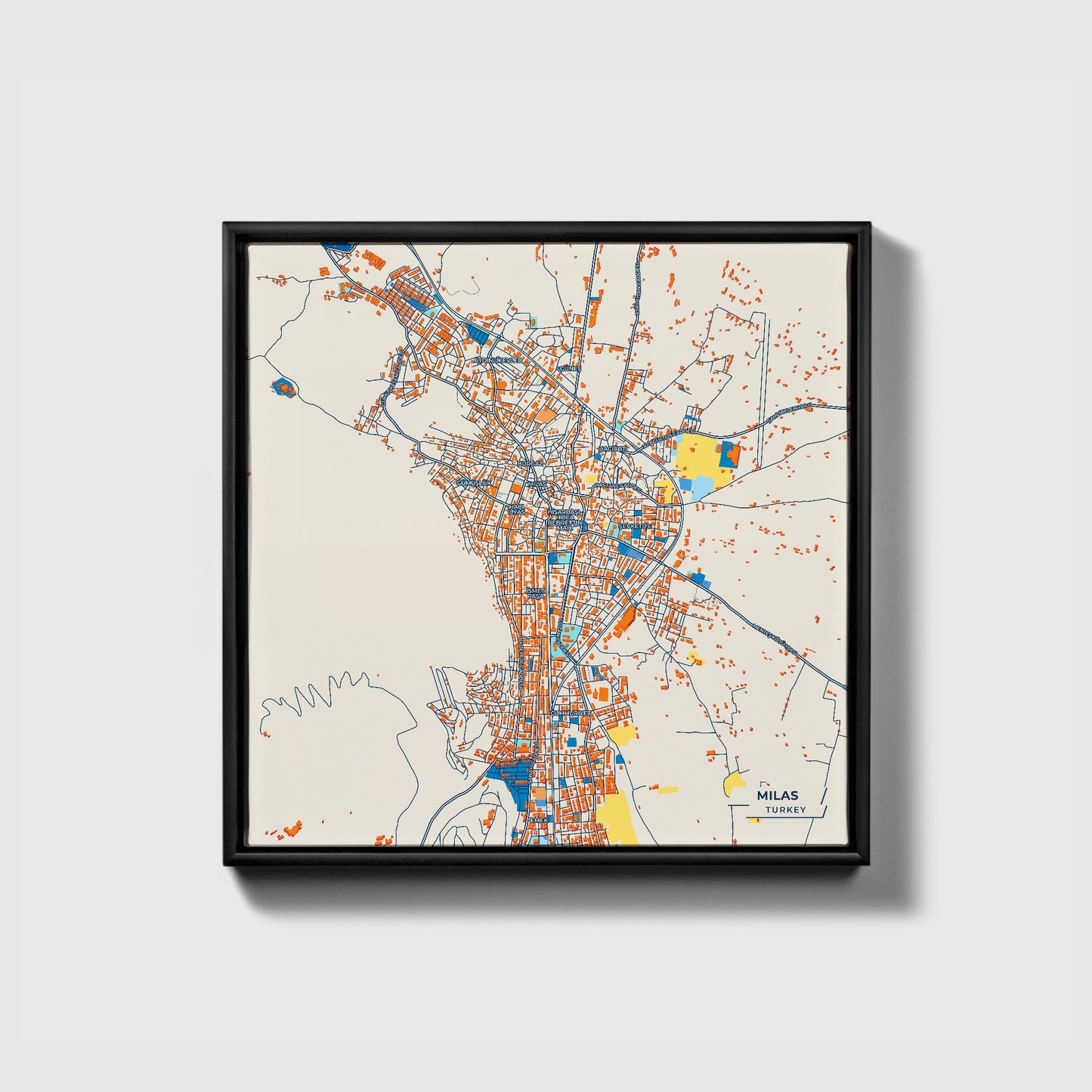 Mi̇las Turkey Colorful City Map Canvas Print • Black Framed