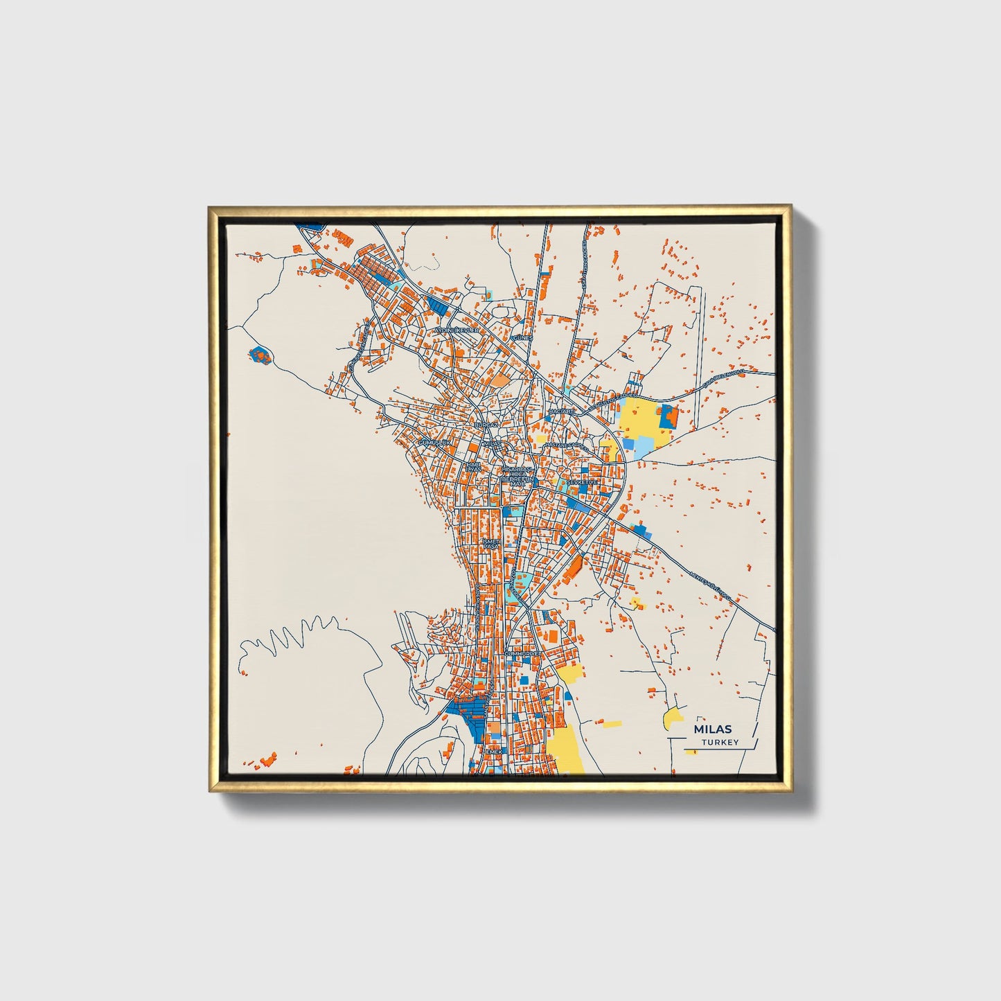 Mi̇las Turkey Colorful City Map Canvas Print • Gold Framed