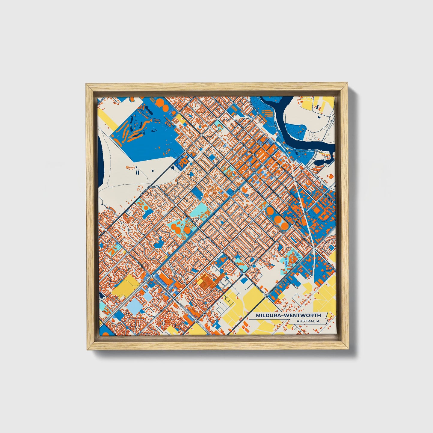 Mildura–Wentworth Australia Colorful City Map Canvas Print • Natural Wooden Framed