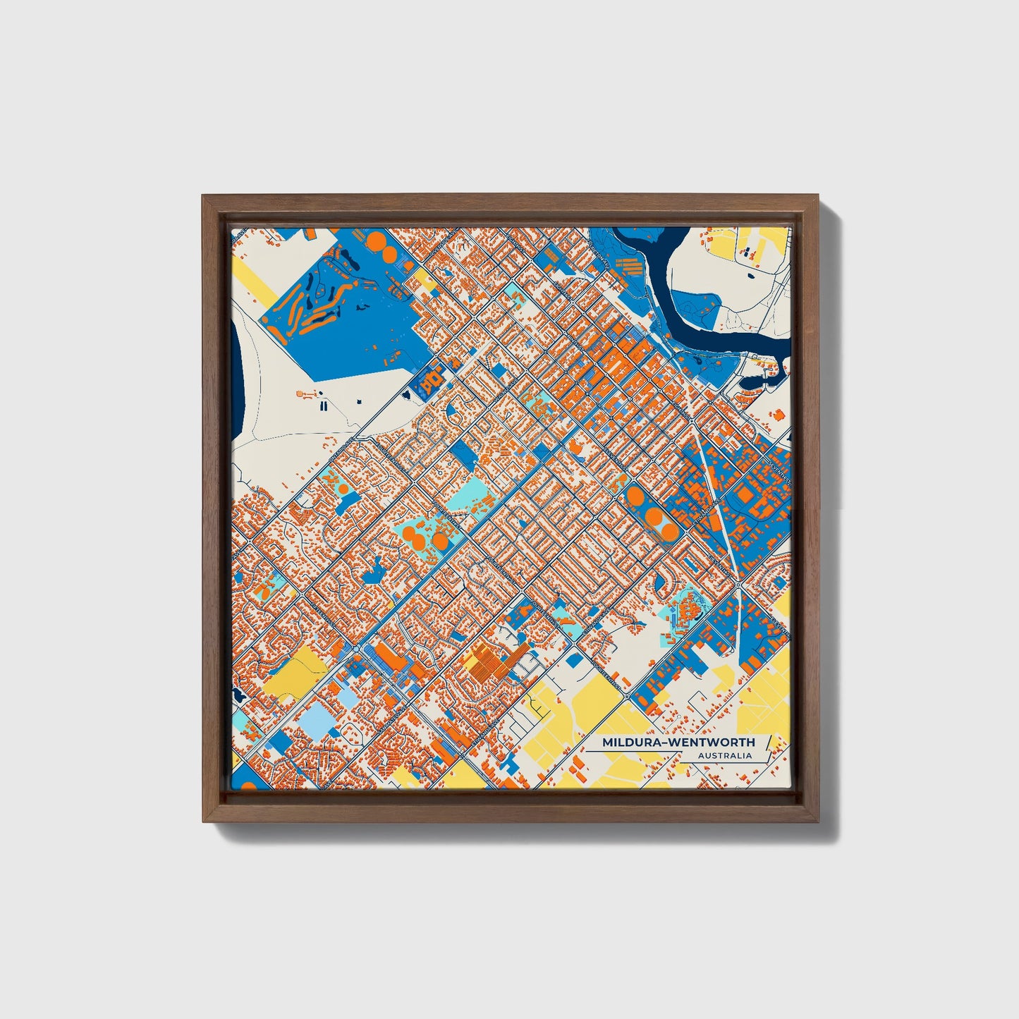 Mildura–Wentworth Australia Colorful City Map Canvas Print • Dark Wooden Framed