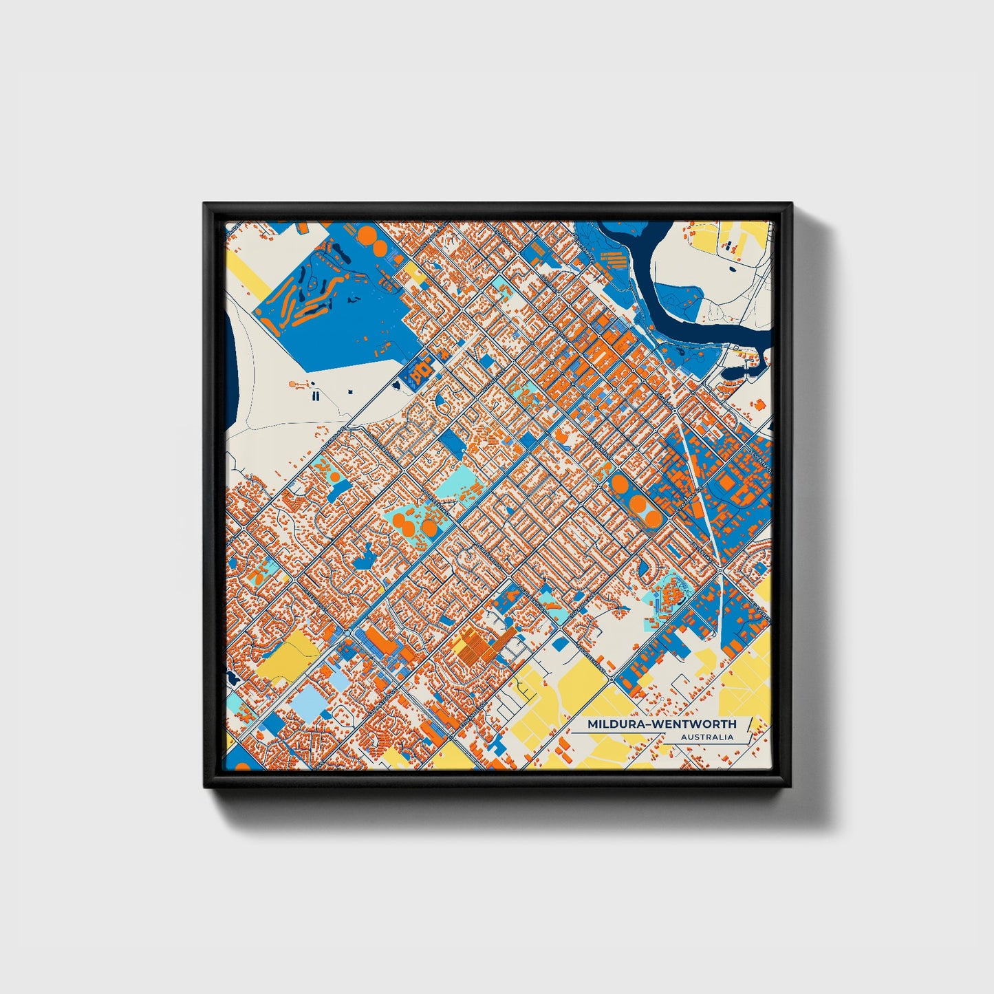Mildura–Wentworth Australia Colorful City Map Canvas Print • Black Framed