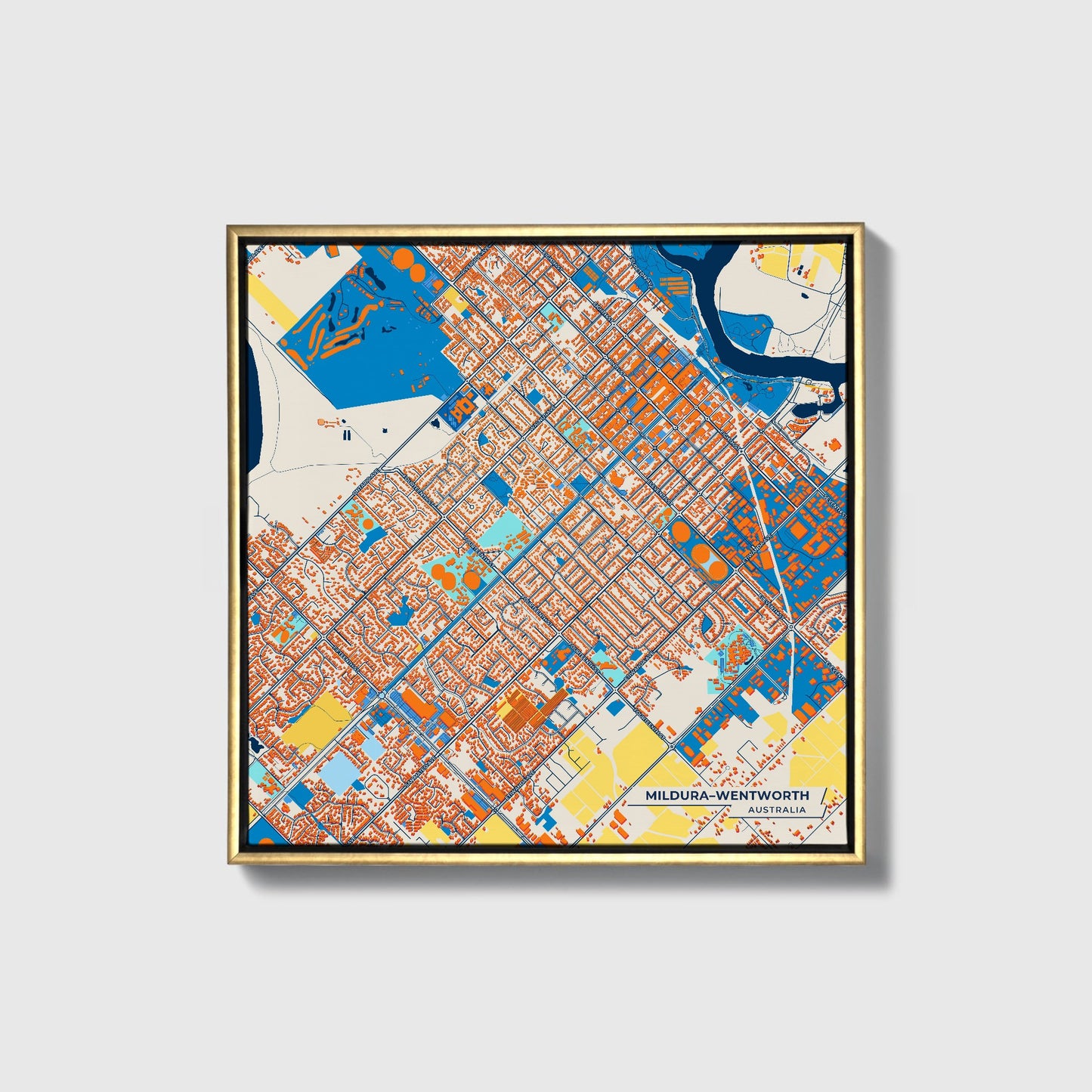 Mildura–Wentworth Australia Colorful City Map Canvas Print • Gold Framed