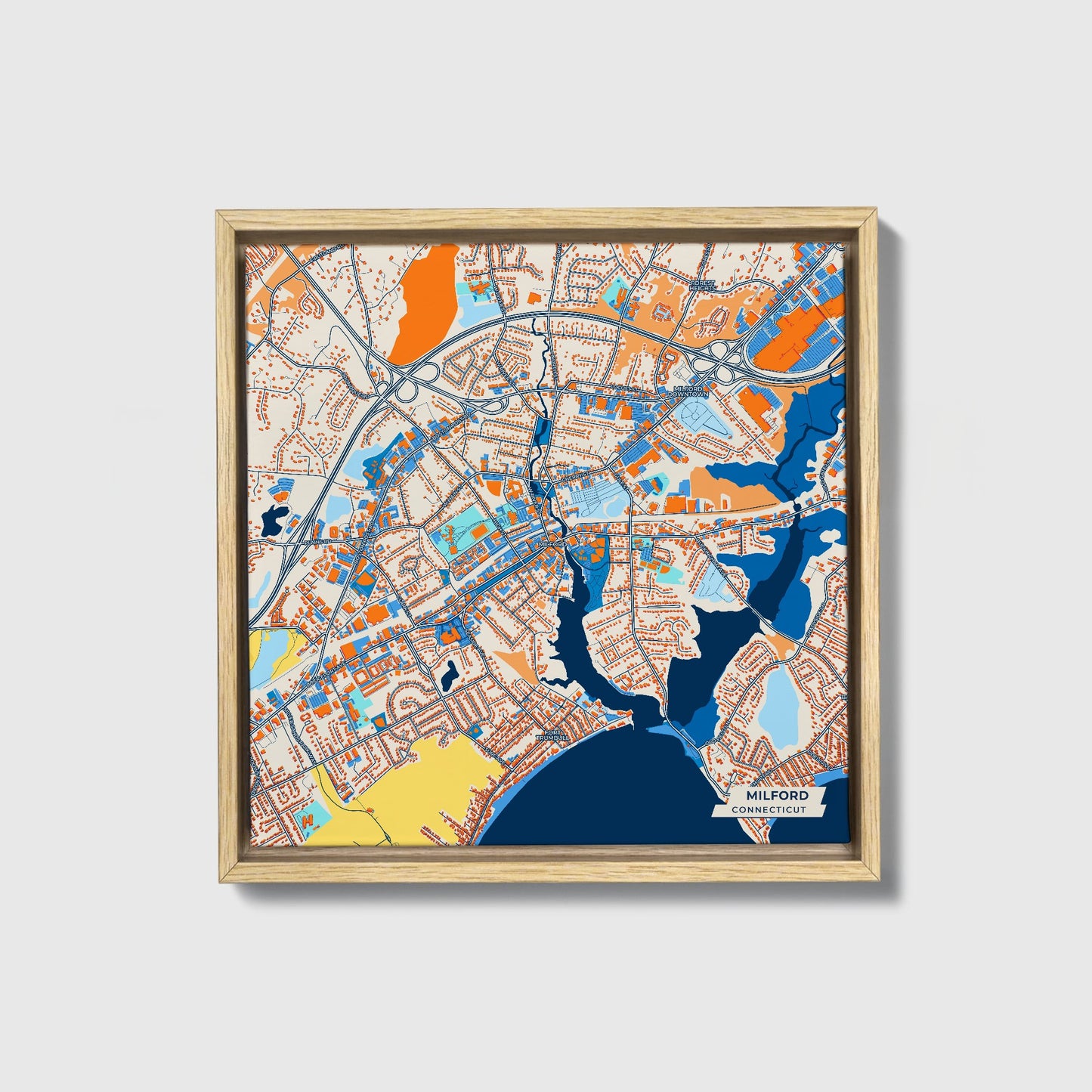 Milford Connecticut Colorful City Map Canvas Print • Natural Wooden Framed