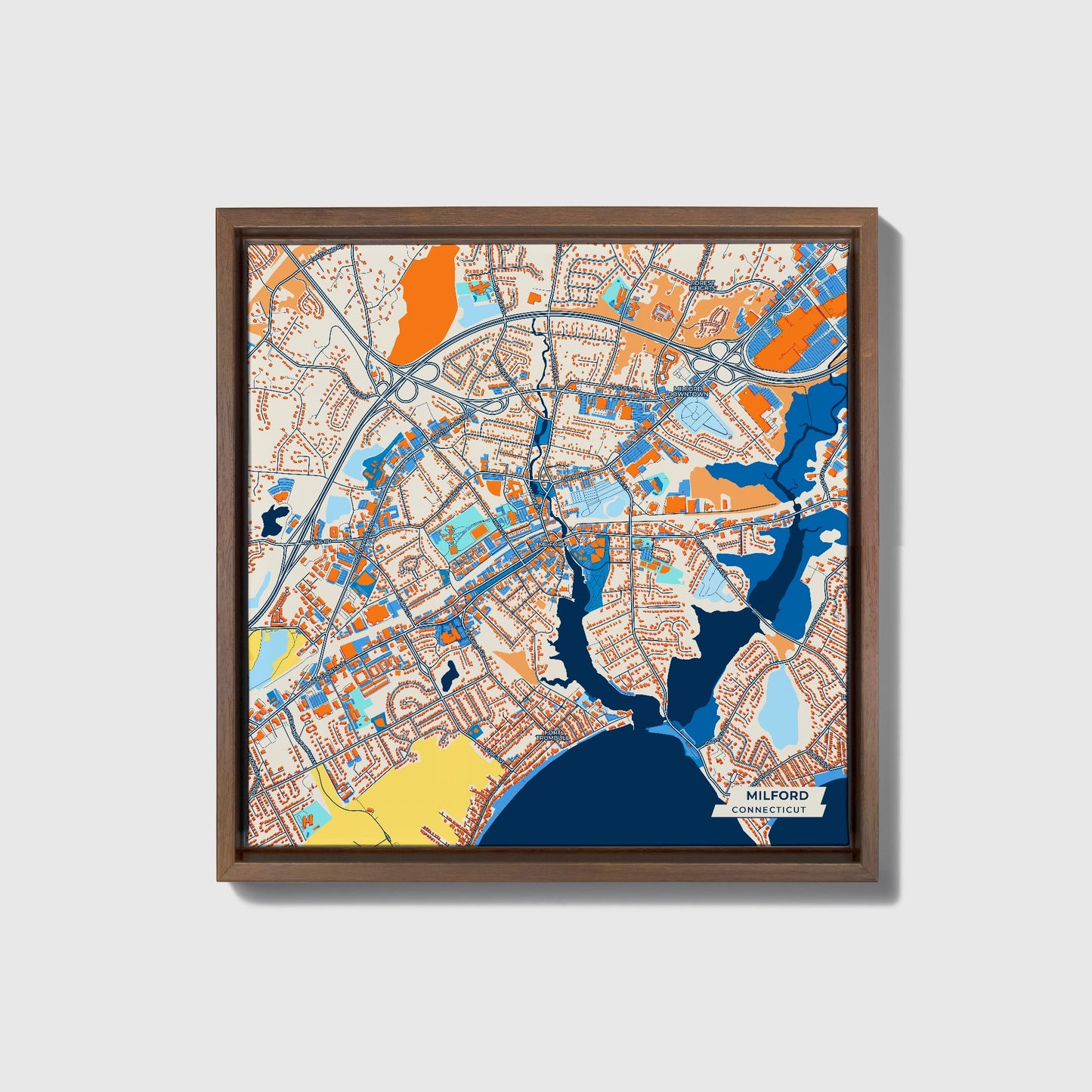 Milford Connecticut Colorful City Map Canvas Print • Dark Wooden Framed