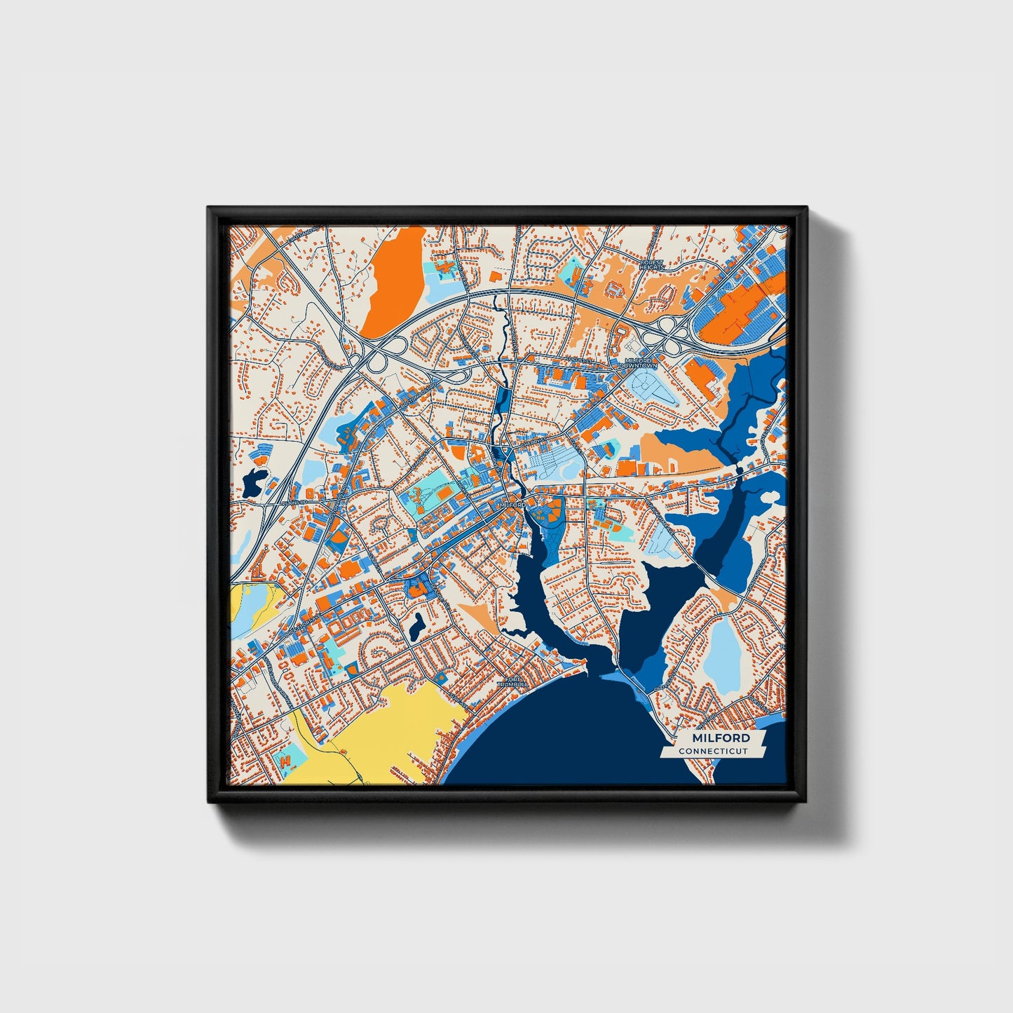Milford Connecticut Colorful City Map Canvas Print • Black Framed