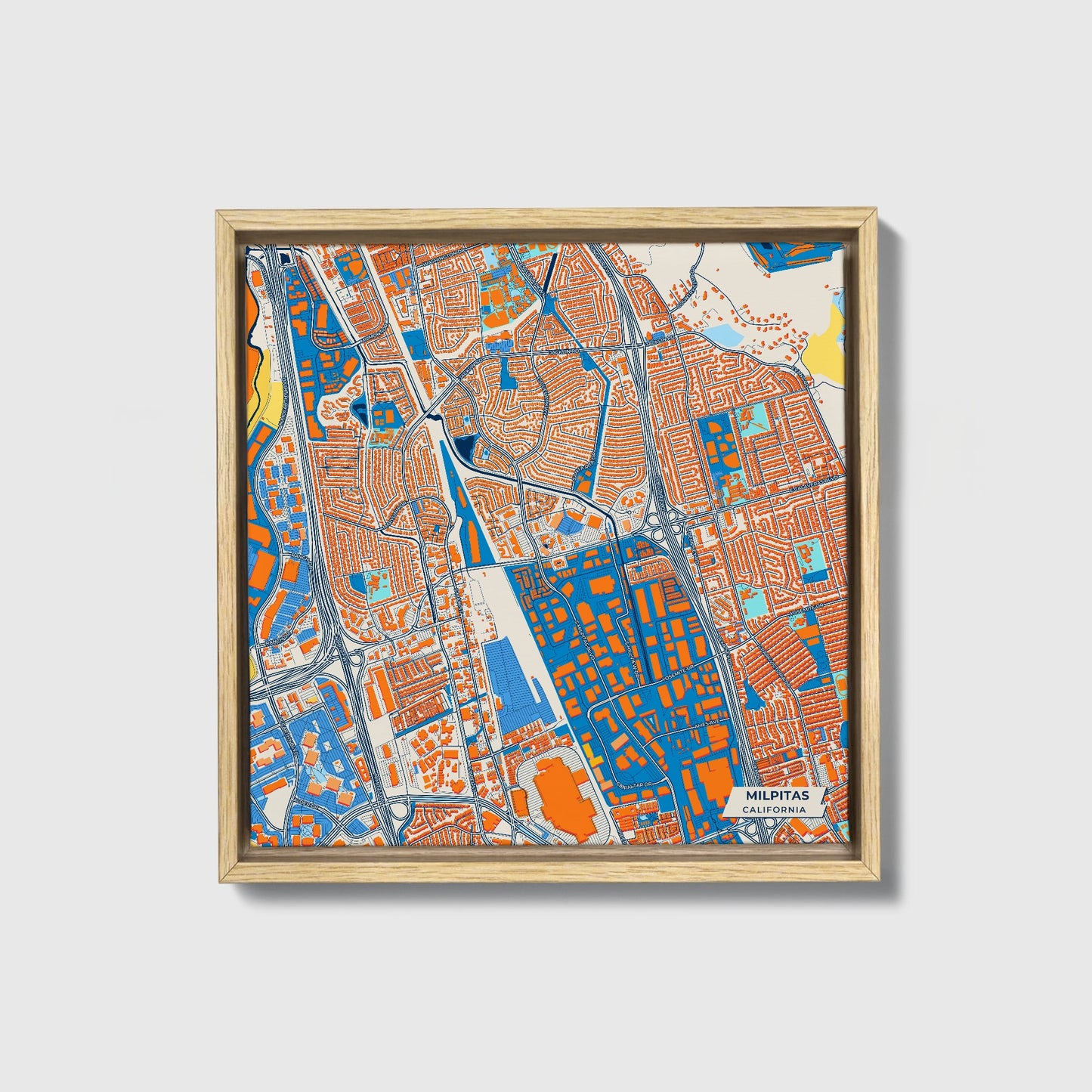 Milpitas California Colorful City Map Canvas Print • Natural Wooden Framed