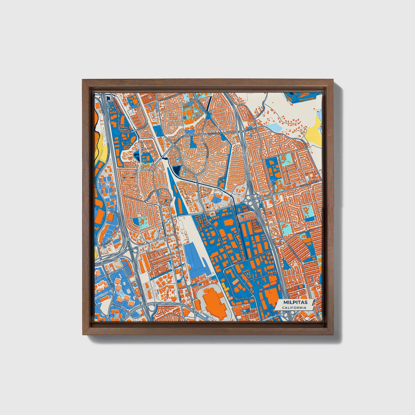 Milpitas California Colorful City Map Canvas Print • Dark Wooden Framed