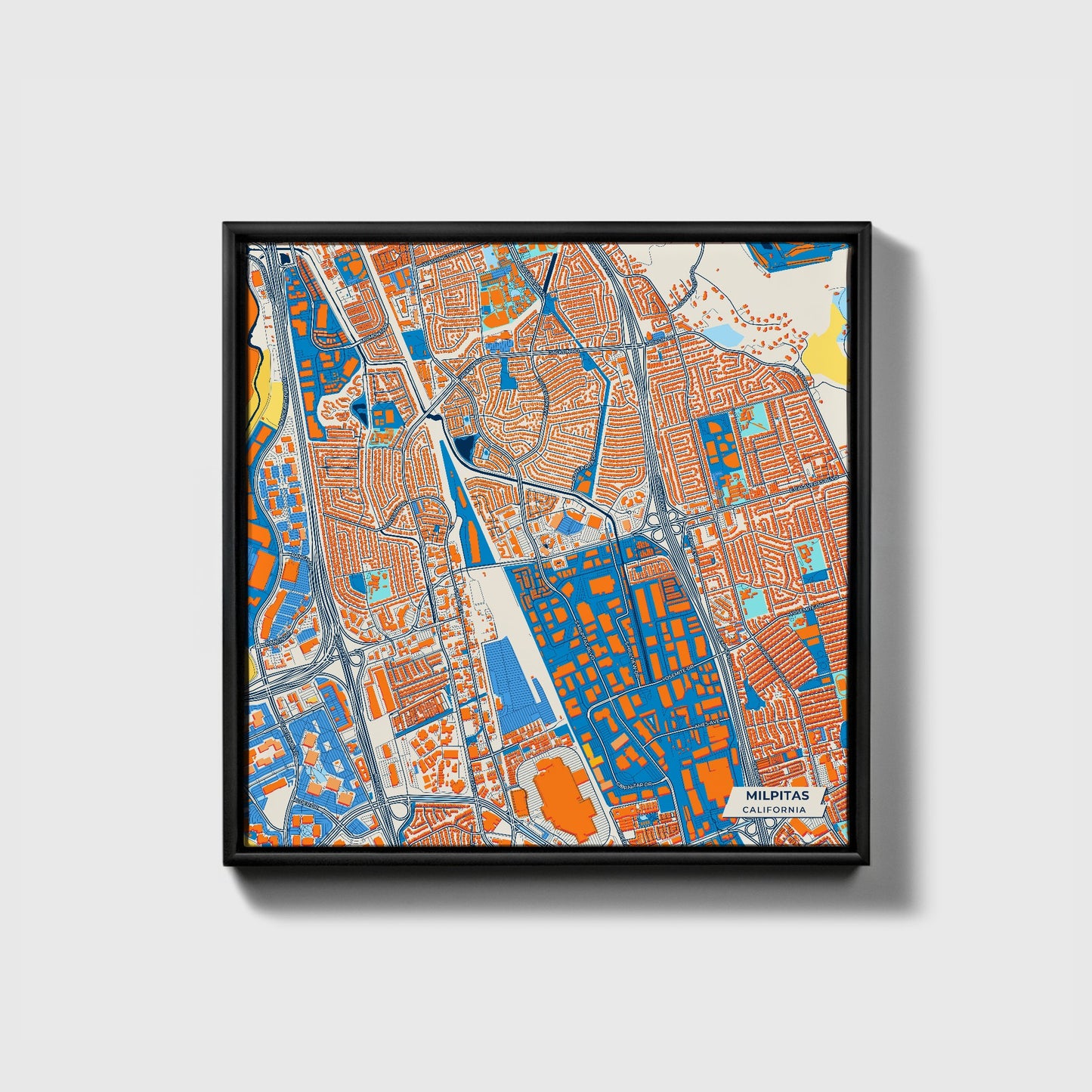 Milpitas California Colorful City Map Canvas Print • Black Framed