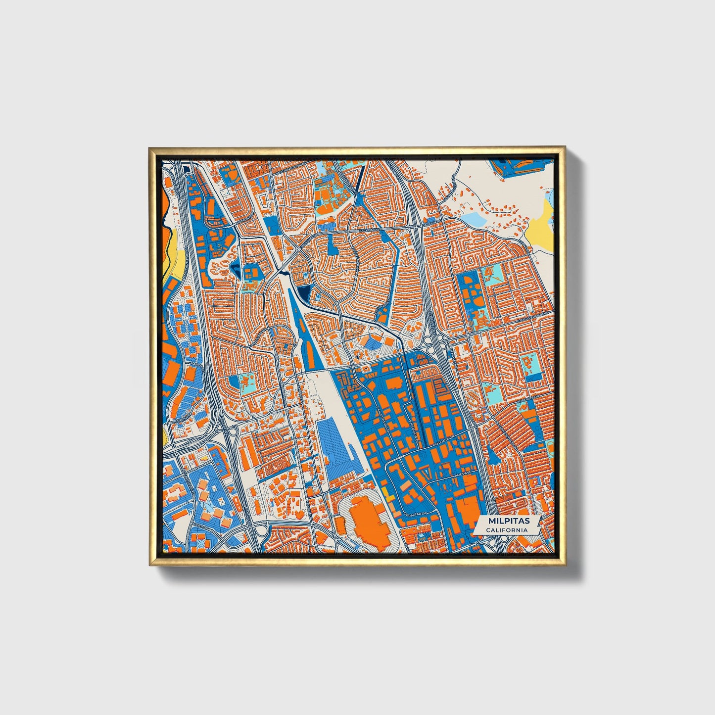 Milpitas California Colorful City Map Canvas Print • Gold Framed