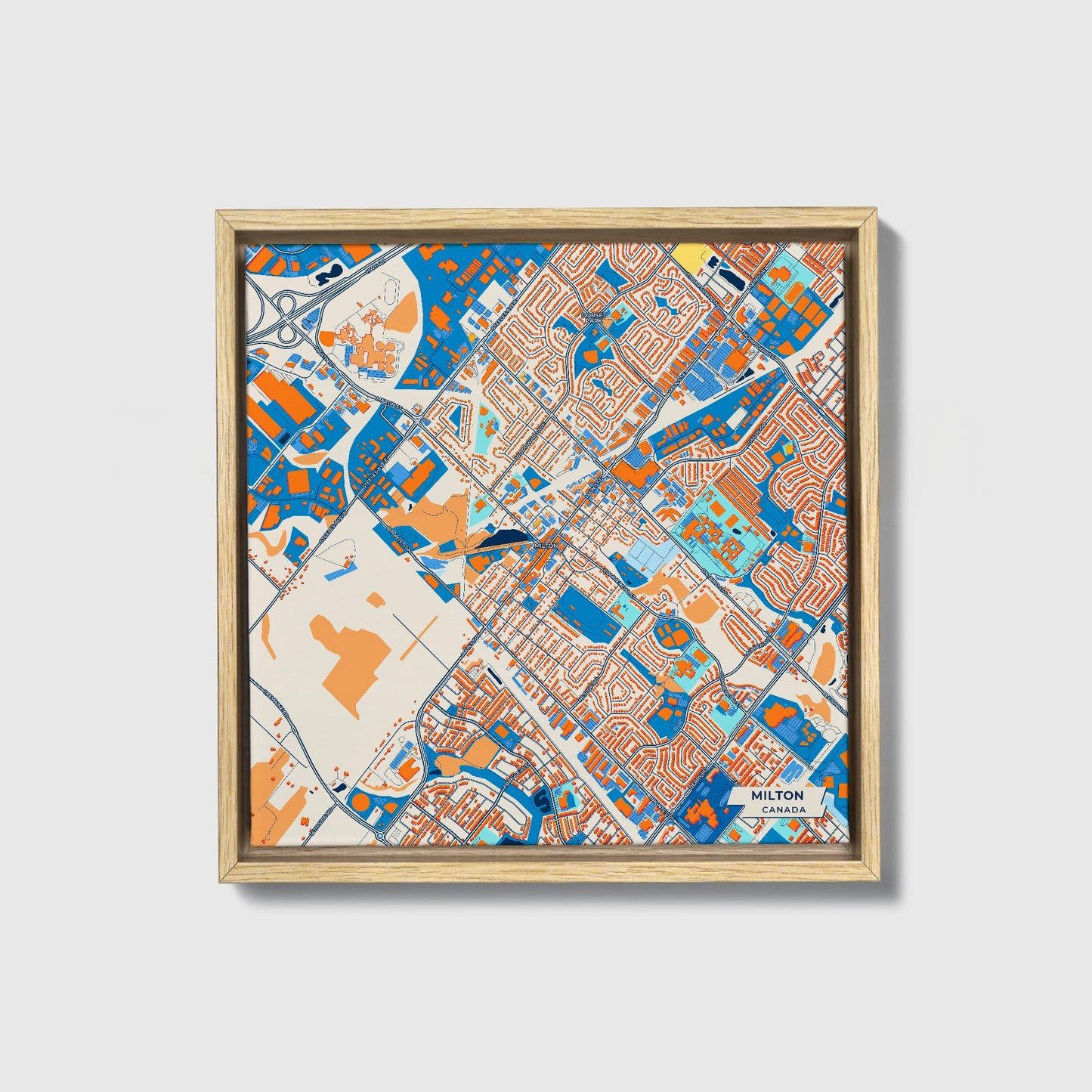 Milton Canada Colorful City Map Canvas Print • Natural Wooden Framed