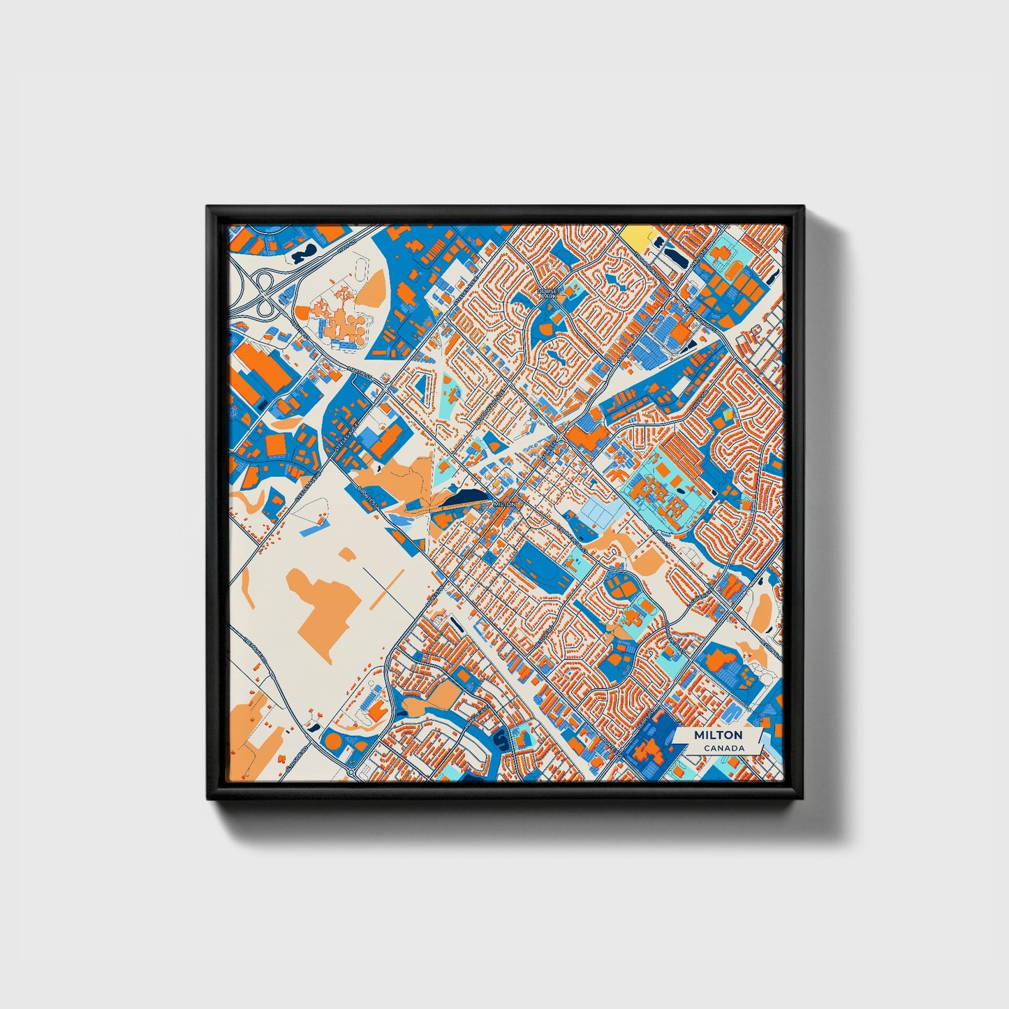 Milton Canada Colorful City Map Canvas Print • Black Framed