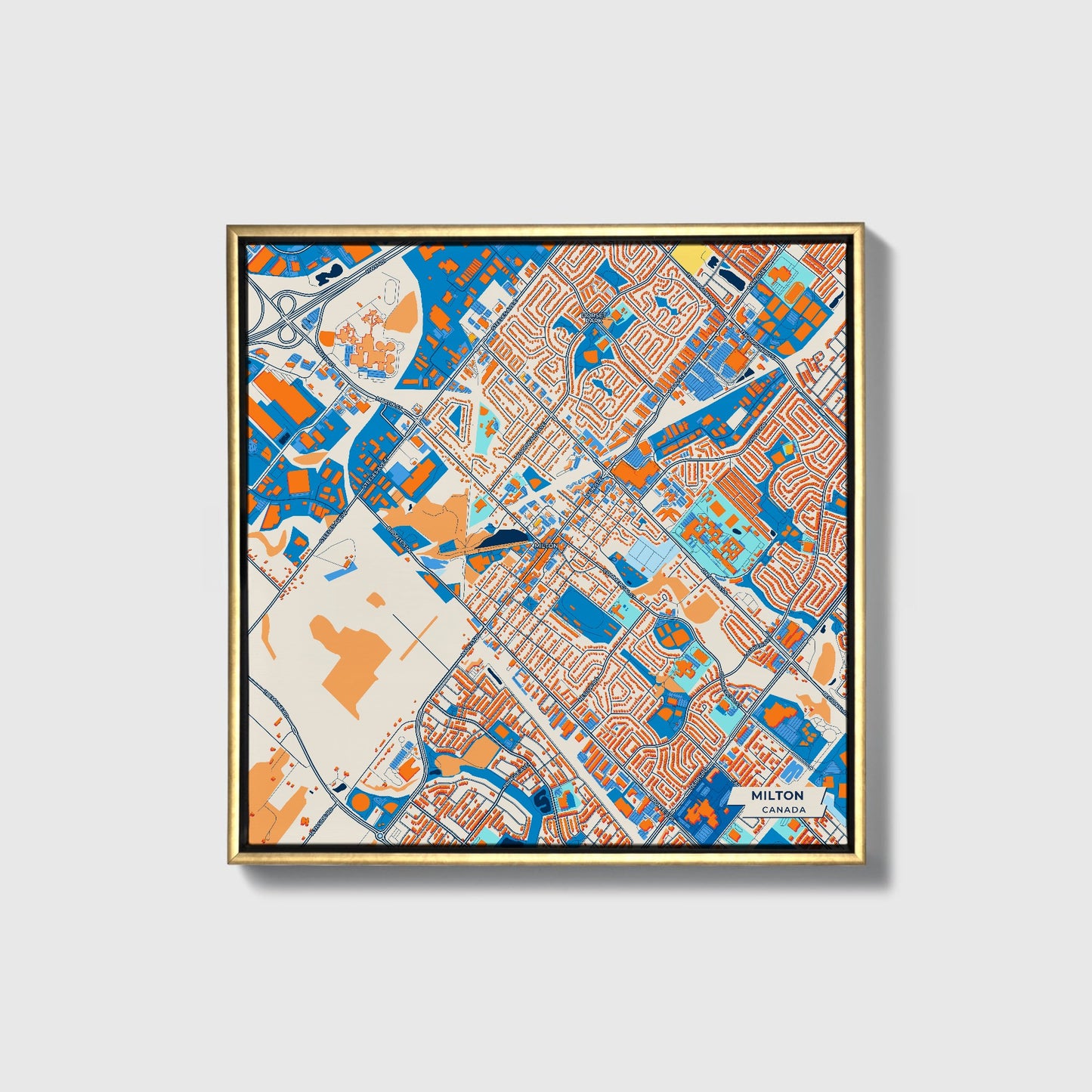 Milton Canada Colorful City Map Canvas Print • Gold Framed