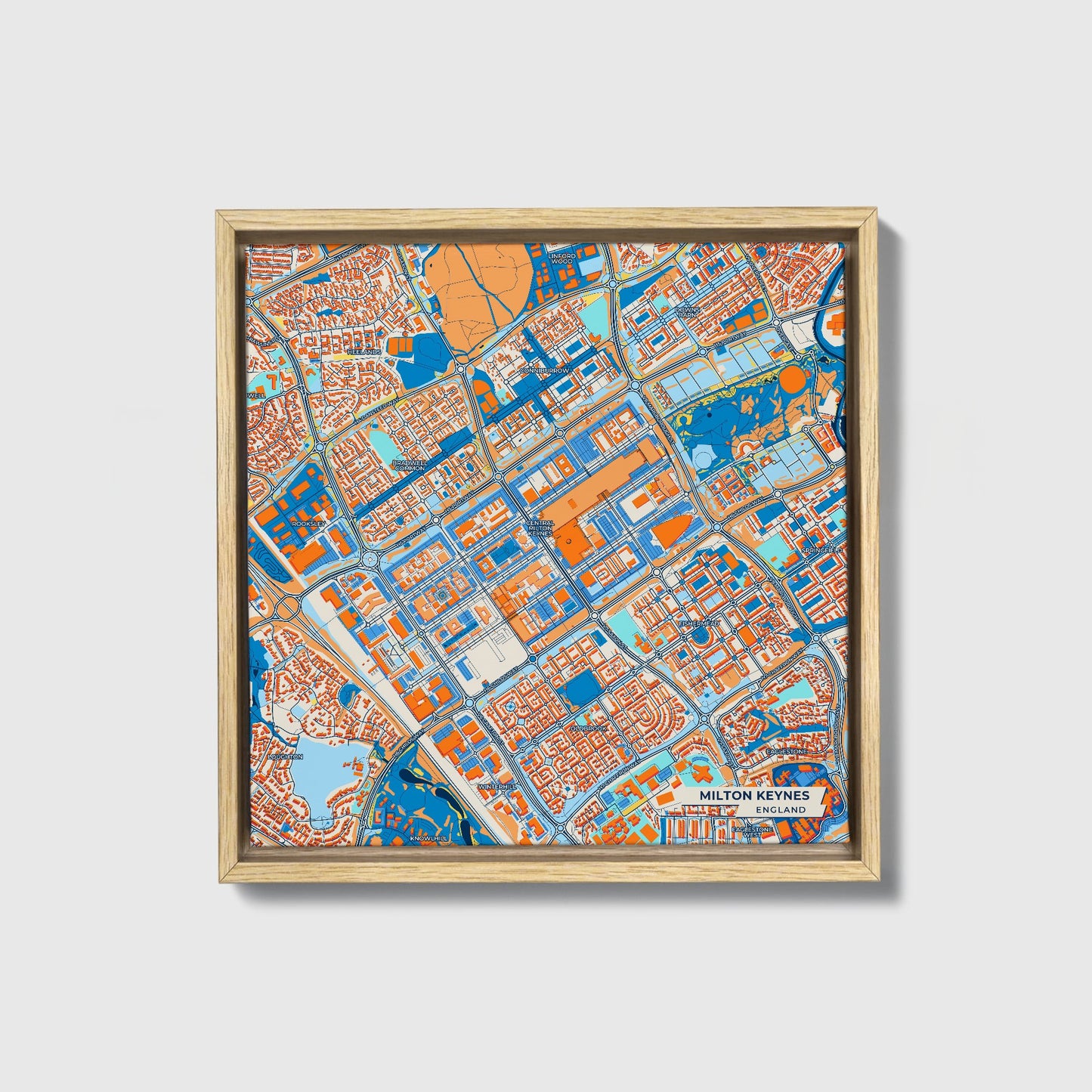 Milton Keynes England Colorful City Map Canvas Print • Natural Wooden Framed