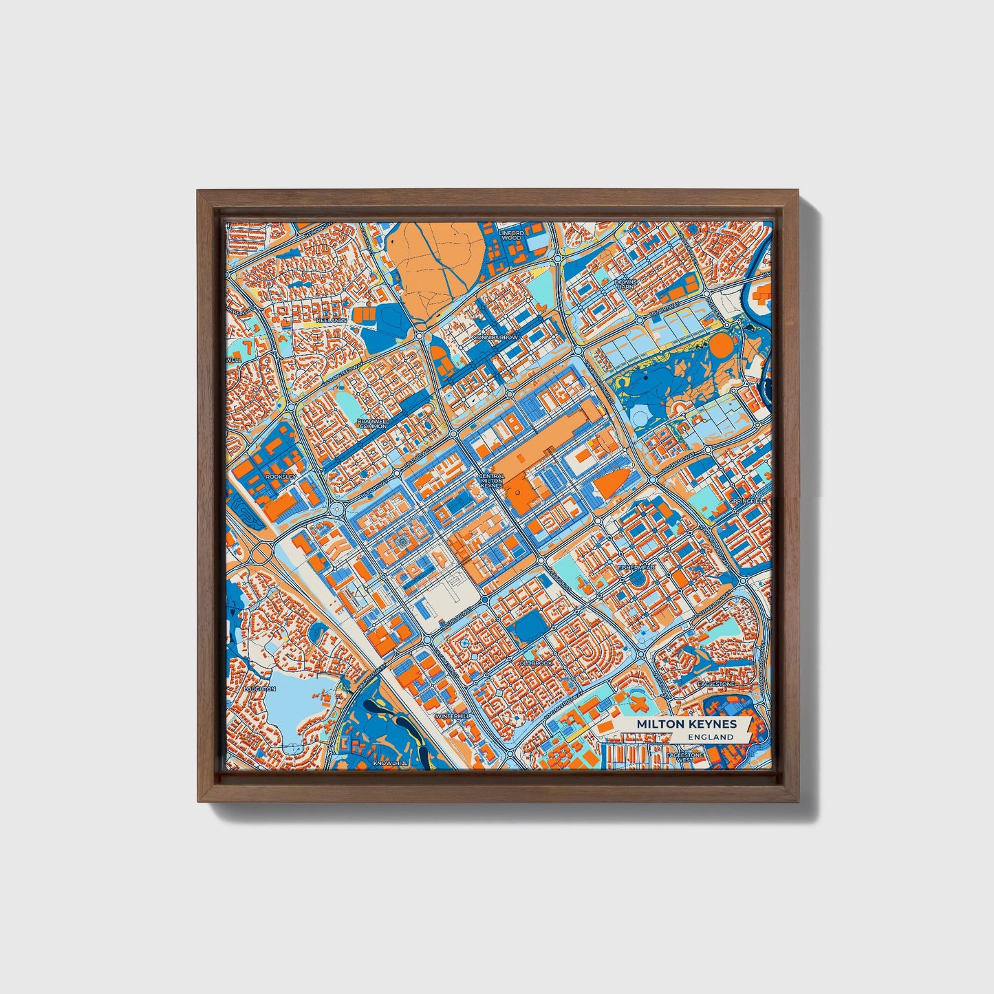 Milton Keynes England Colorful City Map Canvas Print • Dark Wooden Framed