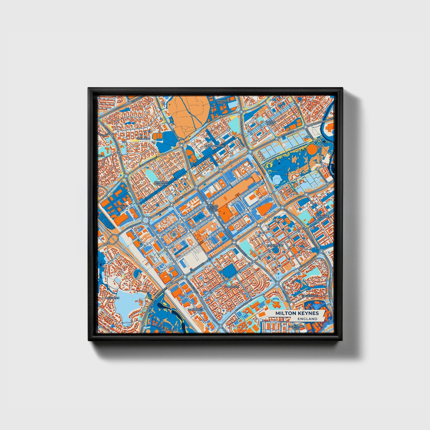 Milton Keynes England Colorful City Map Canvas Print • Black Framed