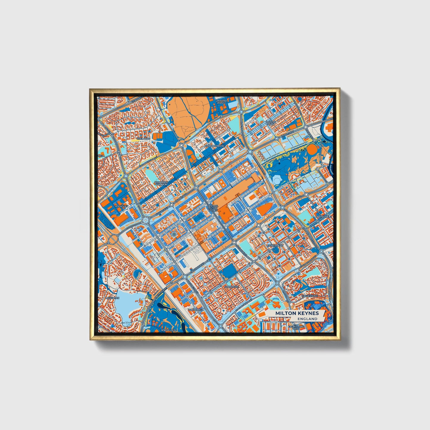 Milton Keynes England Colorful City Map Canvas Print • Gold Framed