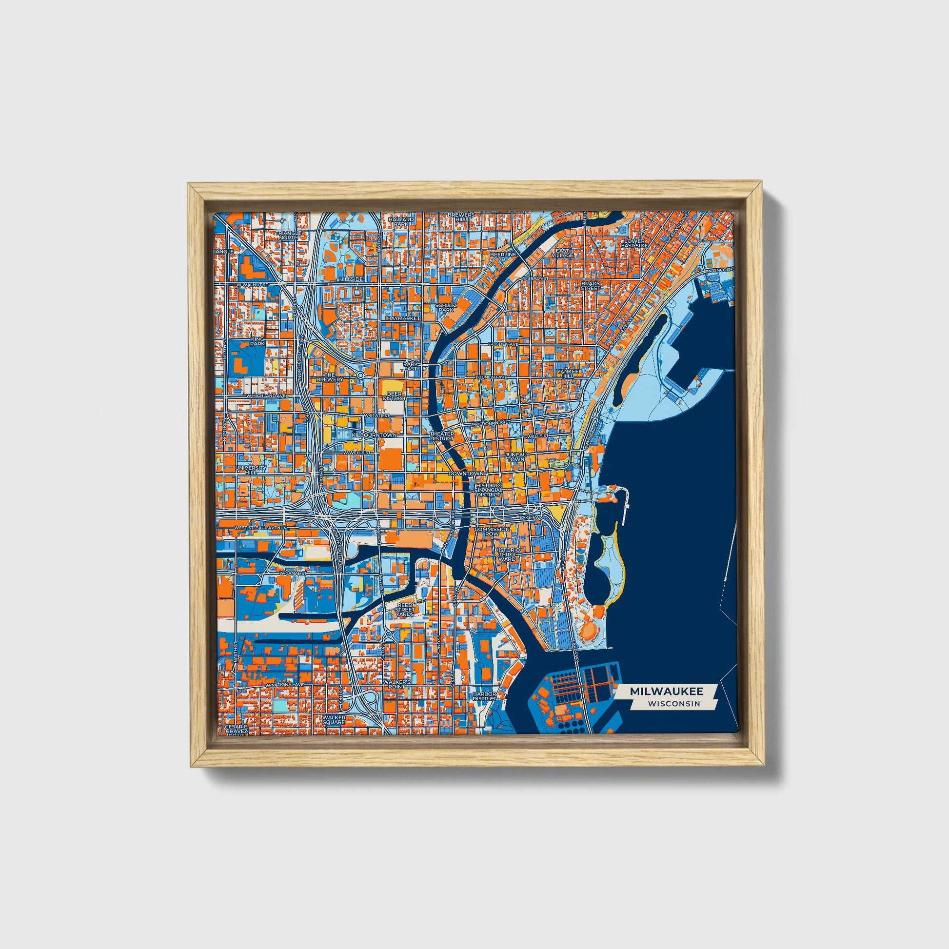 Milwaukee Wisconsin Colorful City Map Canvas Print • Natural Wooden Framed