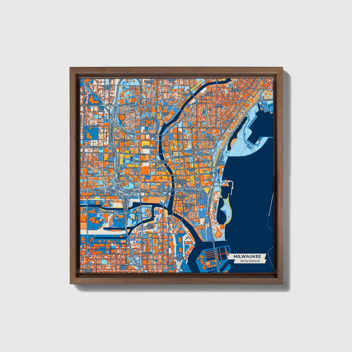 Milwaukee Wisconsin Colorful City Map Canvas Print • Dark Wooden Framed