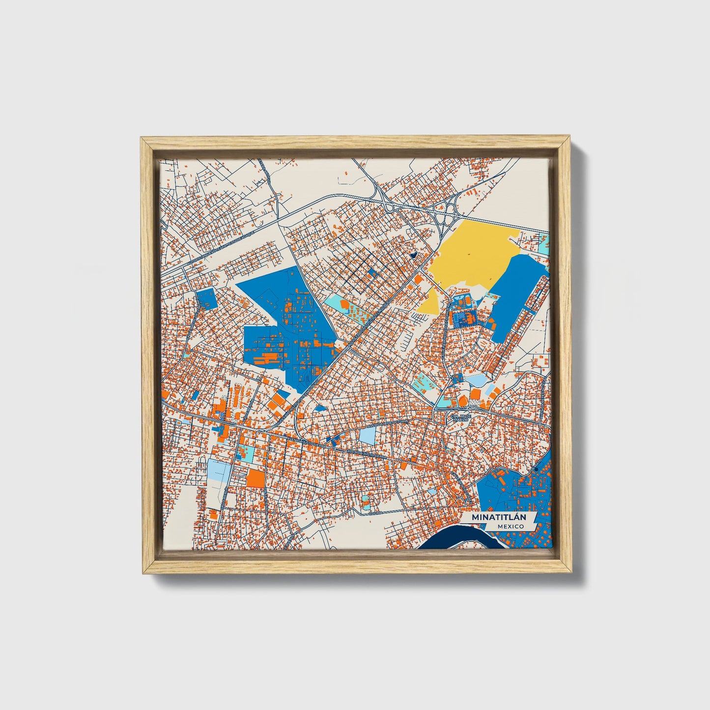 Minatitlán Mexico Colorful City Map Canvas Print • Natural Wooden Framed