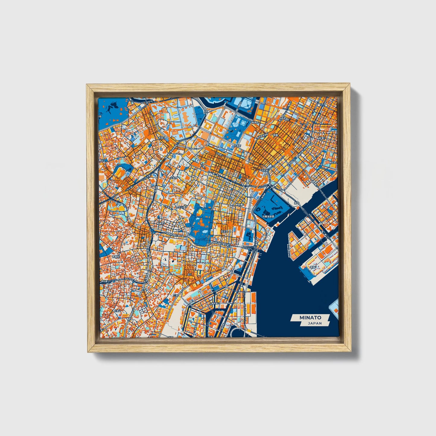 Minato Japan Colorful City Map Canvas Print • Natural Wooden Framed