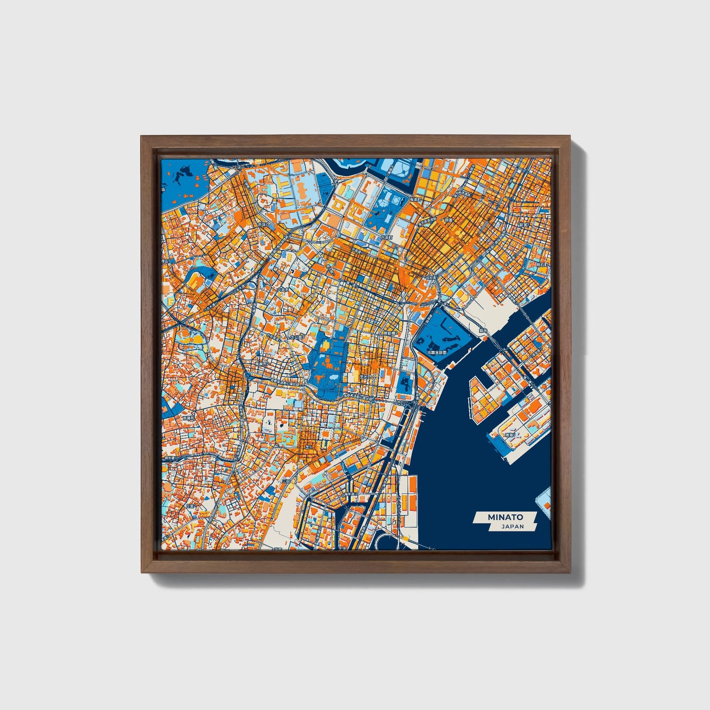 Minato Japan Colorful City Map Canvas Print • Dark Wooden Framed